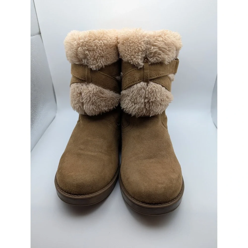 G by Guess‎ Aussie Chestnut Faux Suede Shearling Cuff Boots Womens 7M Rhinestone